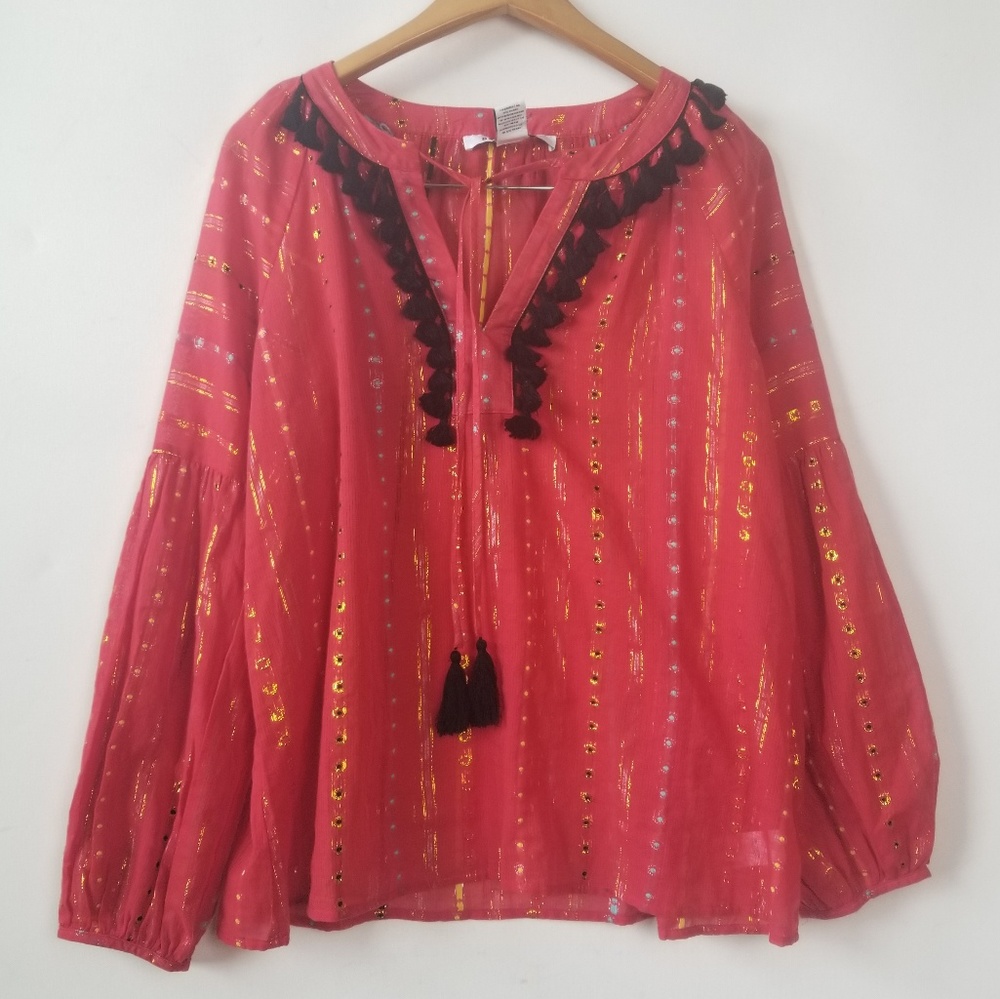 🆕️NWOT. BELLE VERE Pom Pom Like Tassel Blouse! - Picture 5 of 8